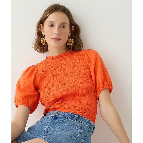 J. Crew Tops - NWT J. Crew Puff Sleeve Textured Voile Smocked Top Orange XS